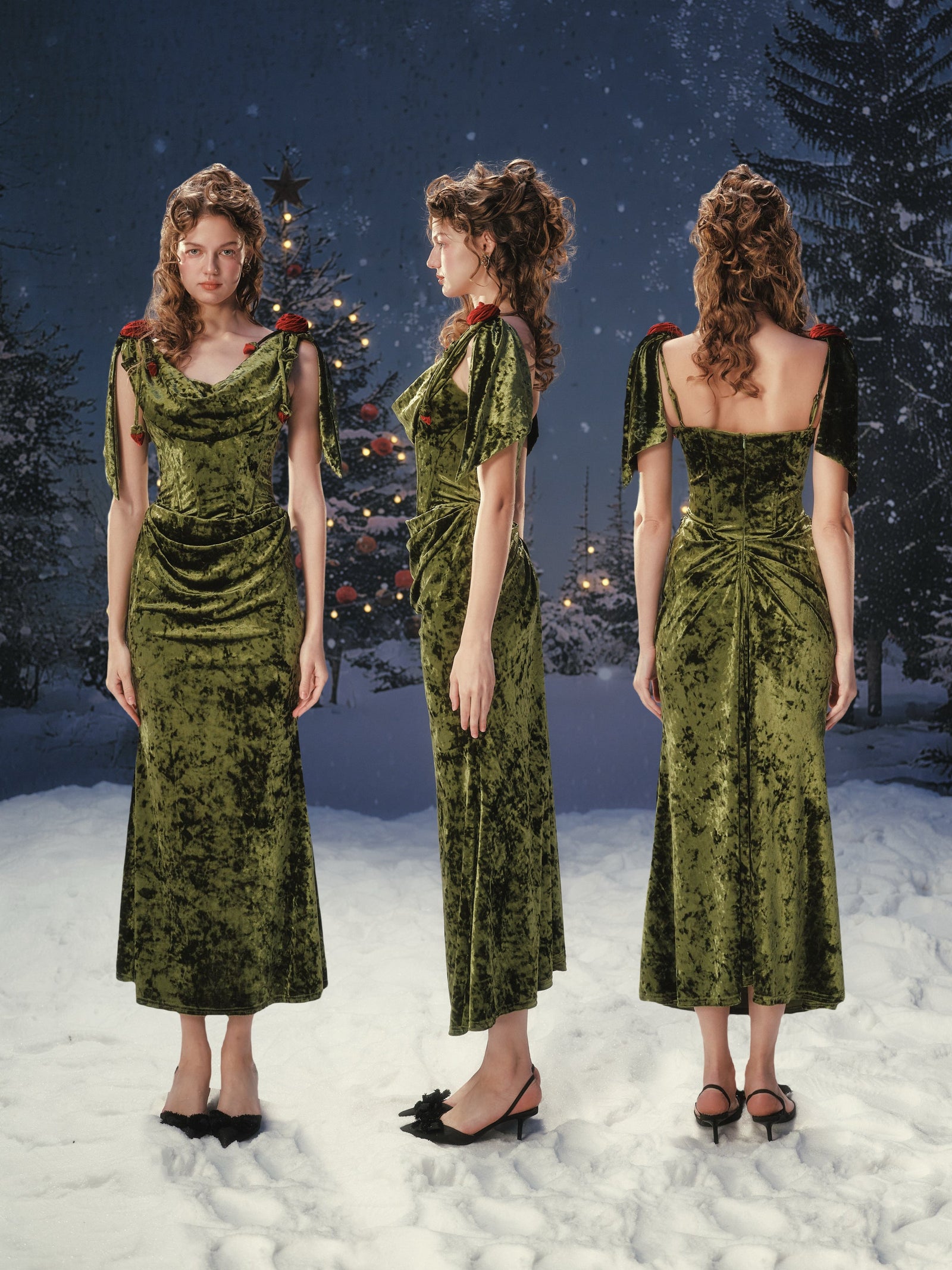 K*6様 ジェニーフレンド27cmドール服　ベロアのグリーンドレス Greenwood Rose Metamorphosis Dress
