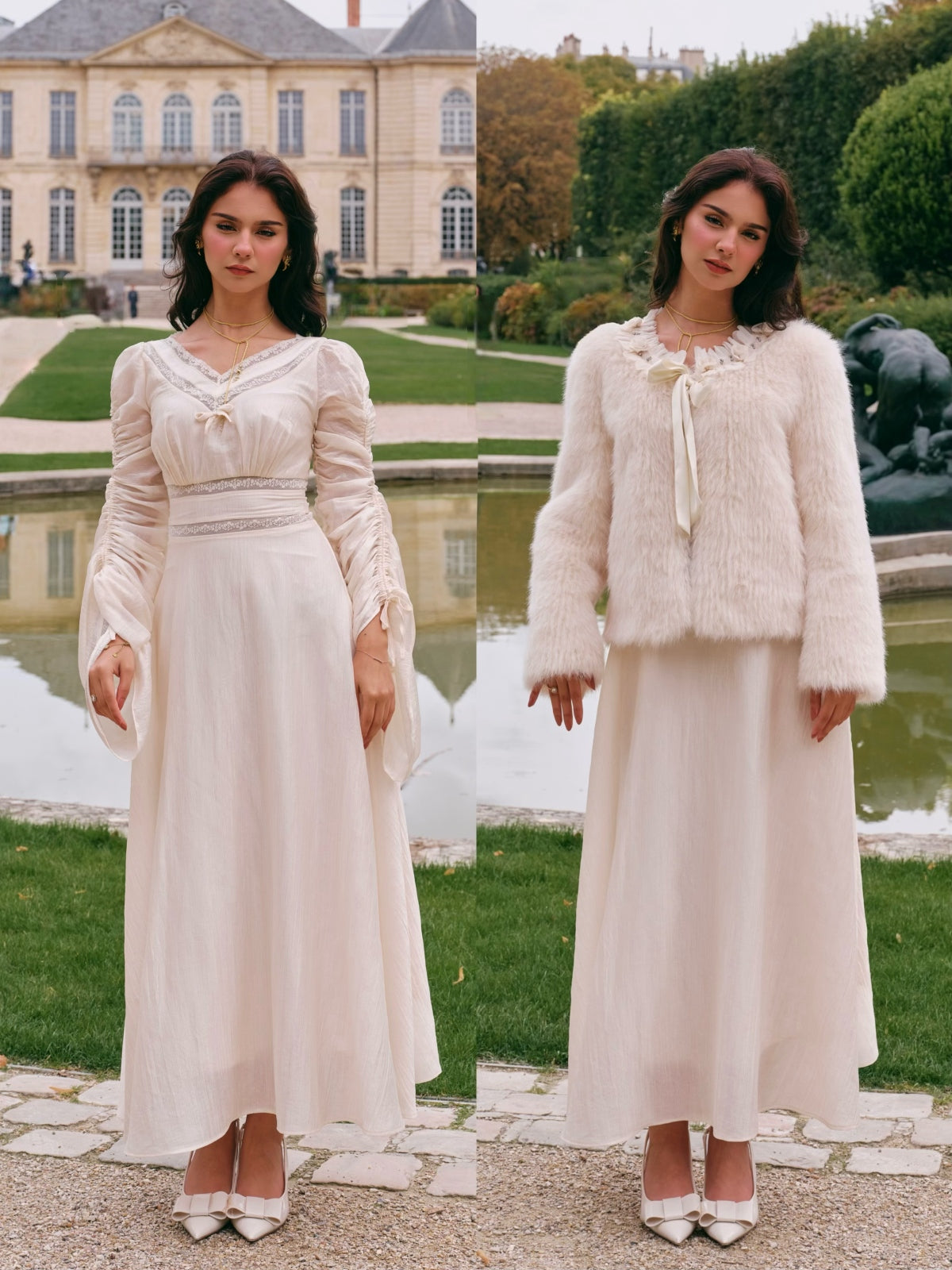 ピュアホワイト アセテートVネックドレス